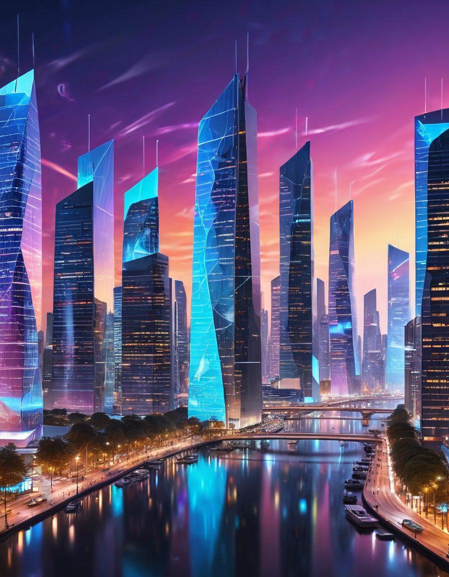 A vibrant, super-realistic scene of a futuristic digital city with sleek skyscrapers made of glowing holographic panels. Central focus on a dynamic web flowing from a computer screen, transforming into a network of interconnected businesses and social media icons. The background includes energized people interacting with the digital ecosystem. Colors should be vivid and eye-catching to symbolize success and transformation. super-realistic. vibrant colors. digital art.