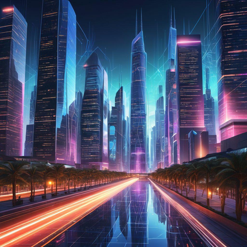 A futuristic digital cityscape with sleek skyscrapers symbolizing superior online performance, glowing pathways representing seamless web services, and a dynamic network grid in the sky illustrating expert support interconnections. Super-realistic. Vibrant colors. High-tech aesthetic.