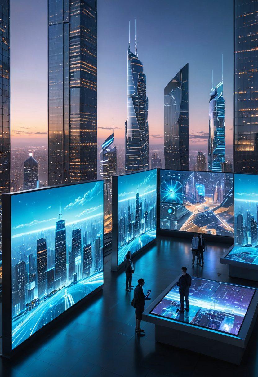A futuristic cityscape glowing with digital interfaces, featuring interconnected networks and diverse professionals collaborating on oversized holographic screens displaying data analytics and digital solutions. The backdrop should include sleek skyscrapers and innovative technology like drones and AI robots. Emphasis on light blue, neon accents, and a high-tech ambiance. 3D. vibrant colors. super-realistic.